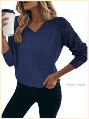 Lightweight Crochet Pullover Sweater with V-Neck and Long Sleeves